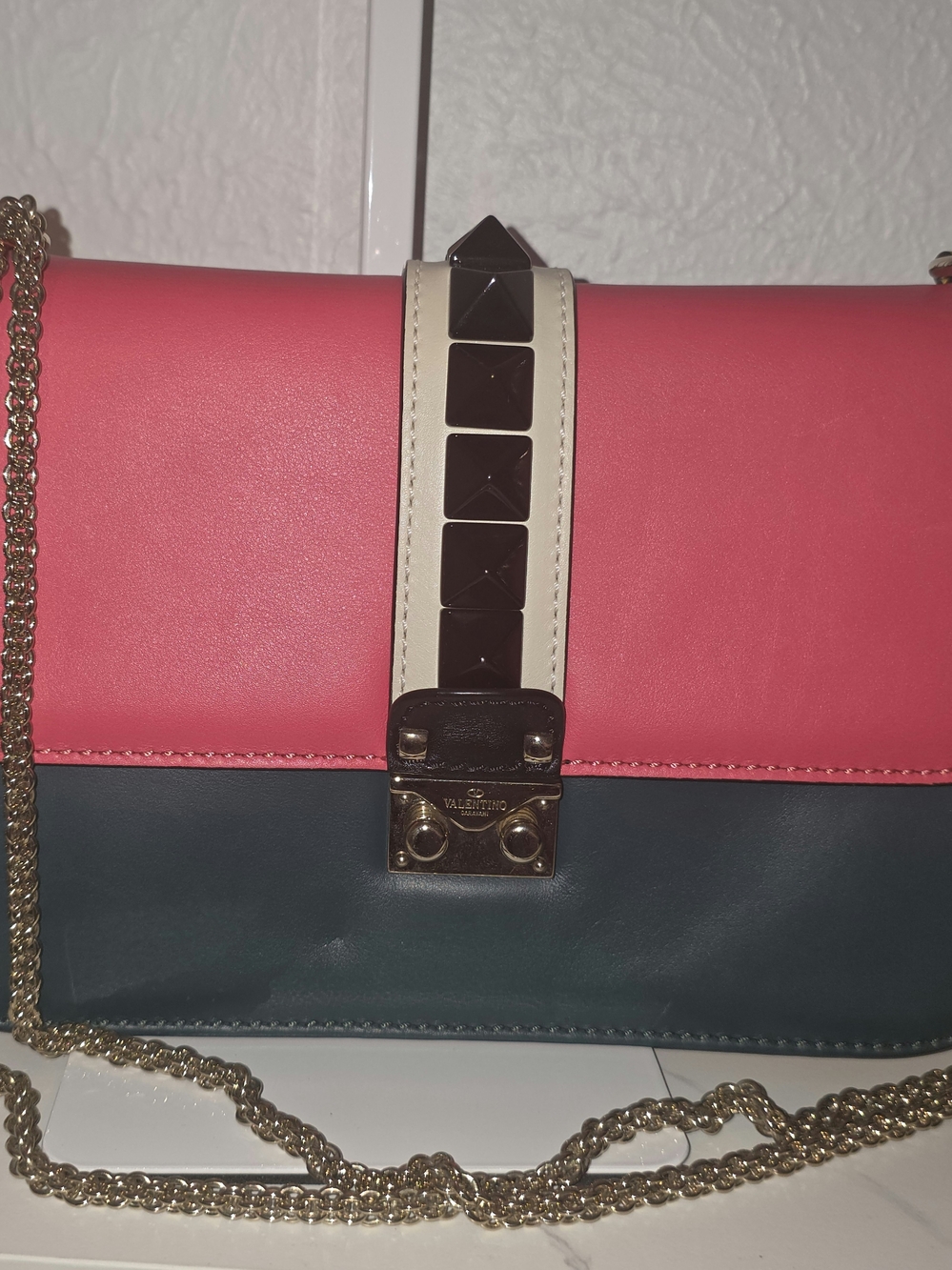 Valentino Pink, Teal & Cream Leather Crossbody with Gold Chain